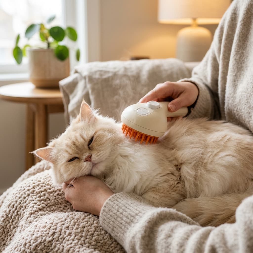 Removing shedding fur with Furlivo Steam Grooming Brush on a Persian cat